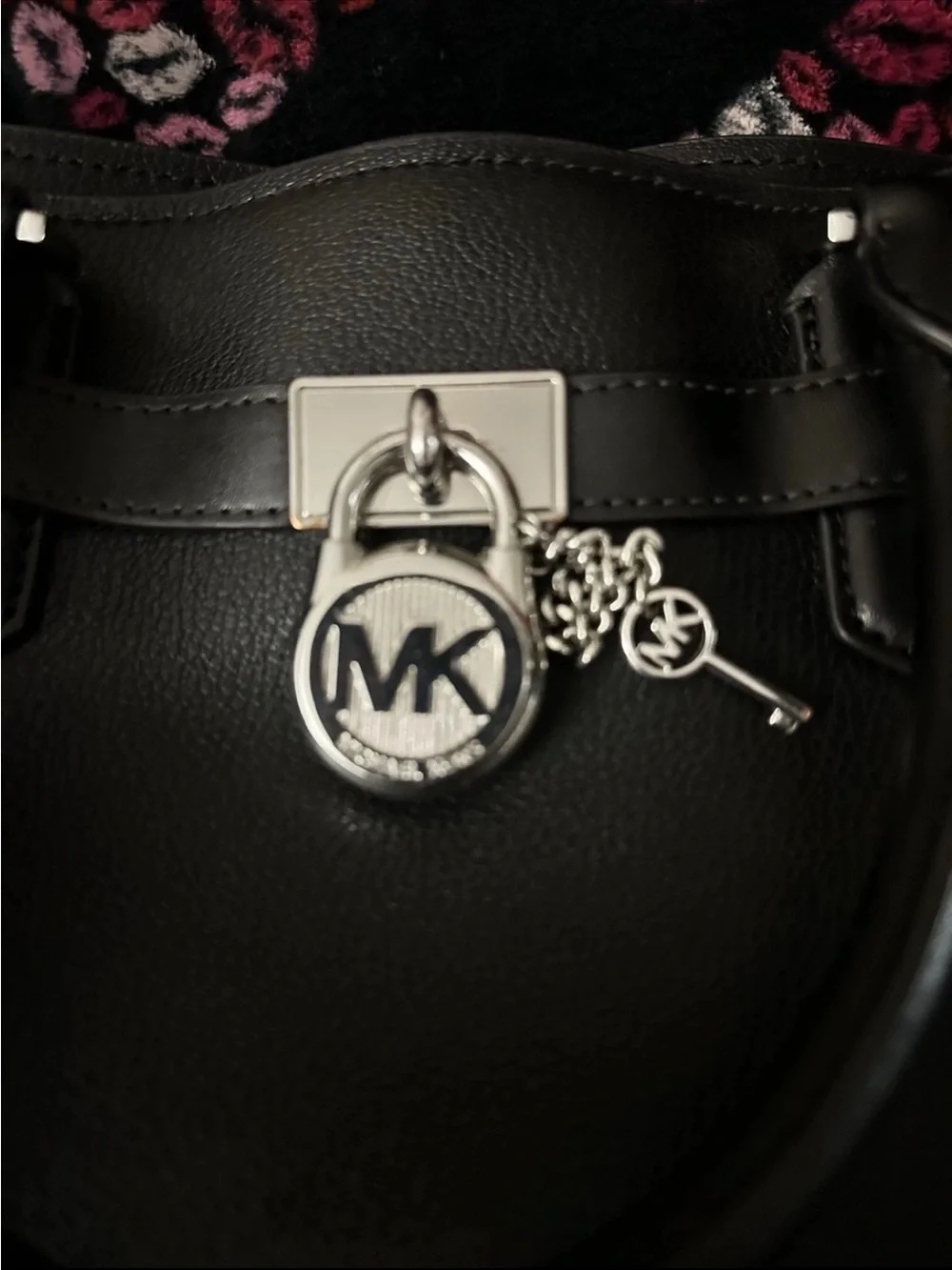 MICHAEL KORS Black Pebbled Leather Satchel with Signature Lock Charm